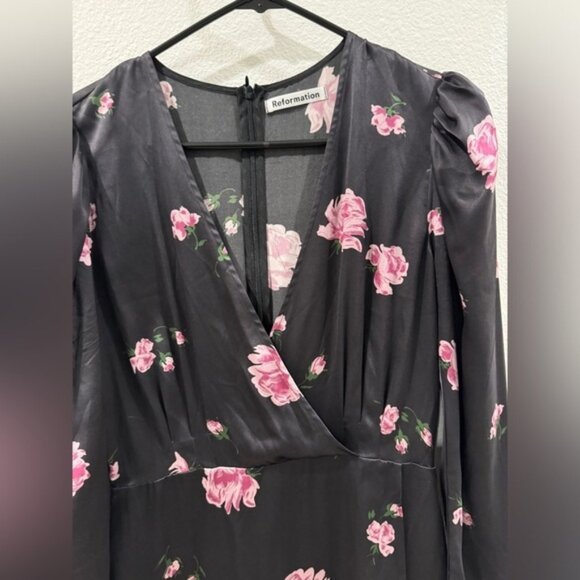 Reformation 100% Silk Toronto Black Pink Purple Floral Faux Wrap Midi Dress 4 - Picture 5 of 16